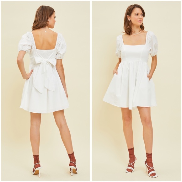 Puff Sleeve Baby Doll Dress with Bow Back and Pockets - Picture 1 of 8